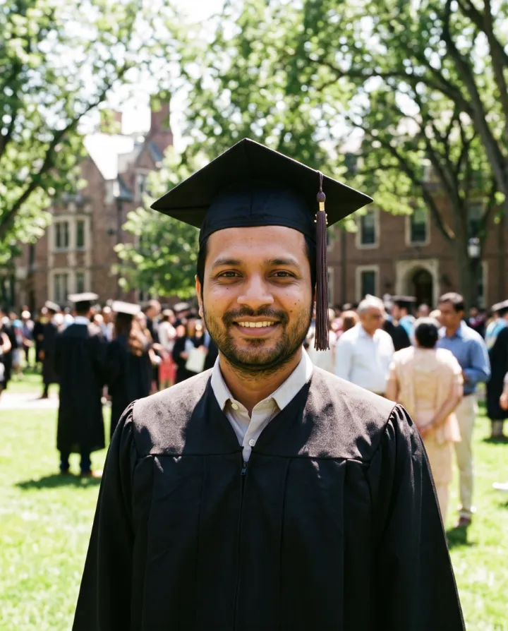 AI graduation photo of the same man in a black gown and cap on a university lawn