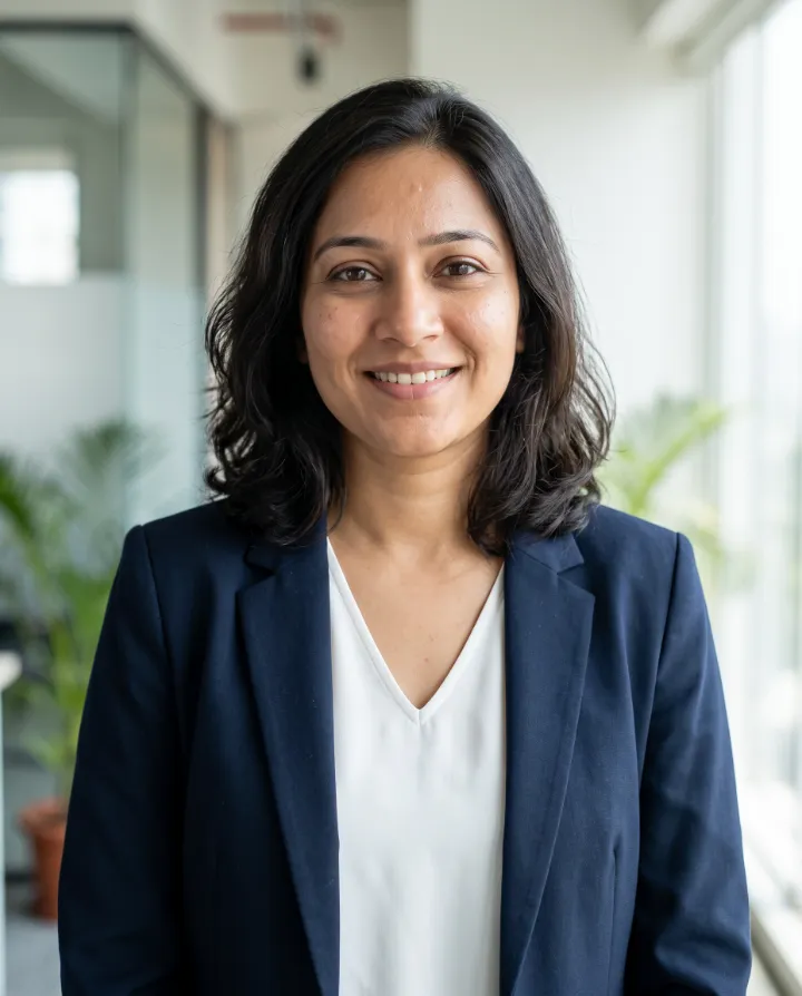 AI LinkedIn profile photo of the same woman in a navy blazer in a softly blurred modern office