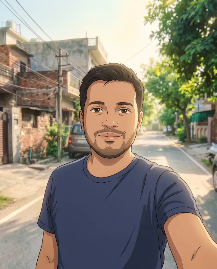 The same selfie redrawn as an anime illustration, with the man and the street in hand-drawn style