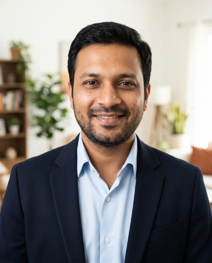 AI real estate agent headshot of the same man in a navy blazer and light blue shirt in a bright living room
