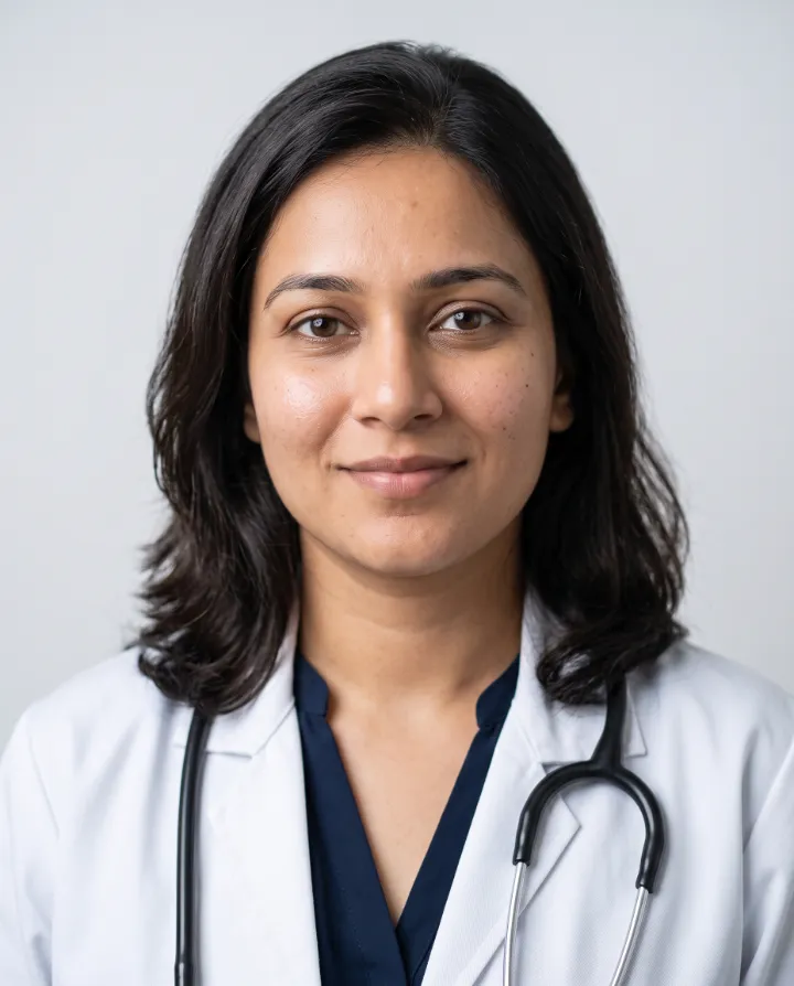 AI residency application photo of the same woman in a white doctor's coat with a stethoscope on a plain white background