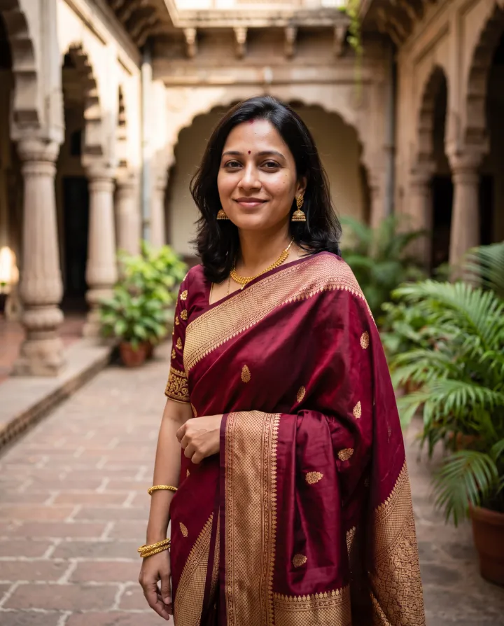 AI saree portrait of the same woman in a maroon silk saree with a gold border in a heritage courtyard