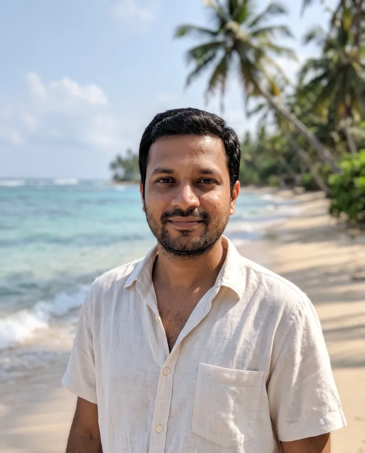 AI summer photo of the same man in a white linen shirt on a beach lined with palm trees
