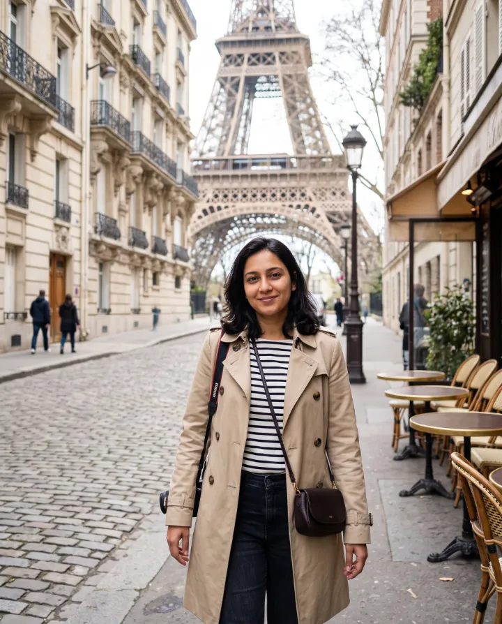 AI travel photo of the same woman in a trench coat on a cobbled Paris street with the Eiffel Tower behind her