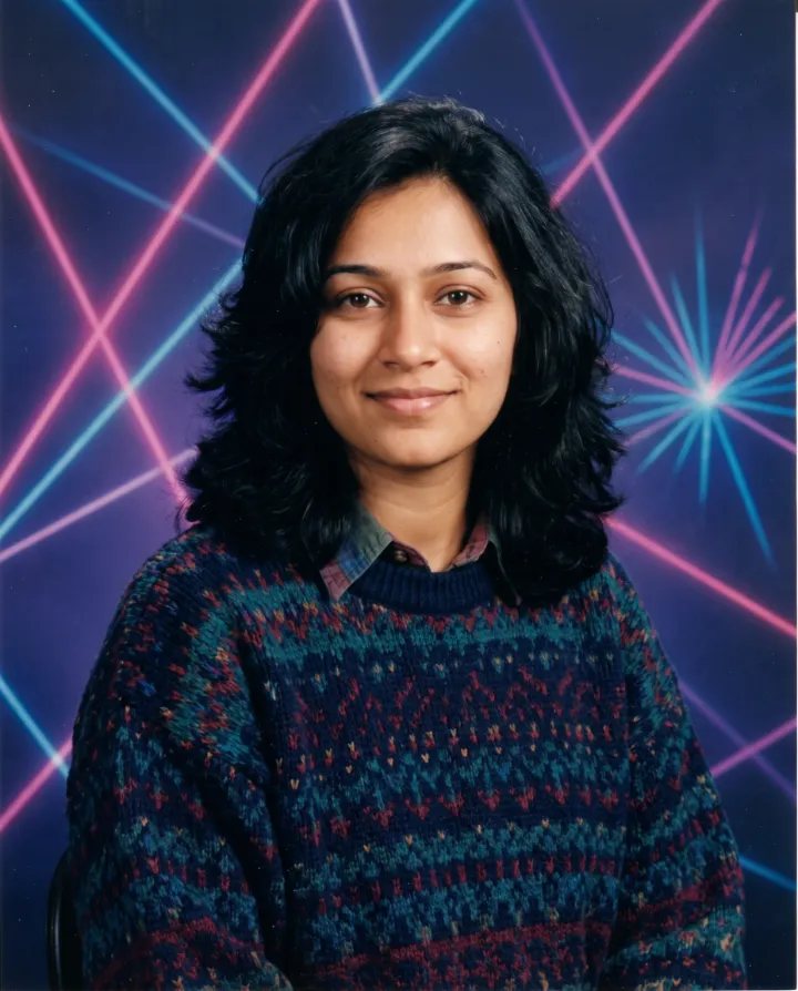 AI 90s-style yearbook portrait of the same woman in a patterned sweater against a laser backdrop